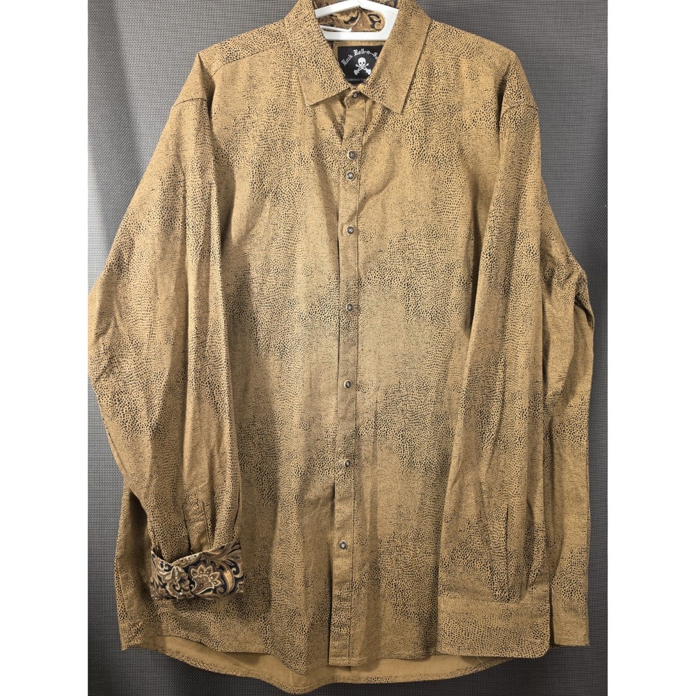 Rock Roll-n-Soul Mens XL Button Shirt Tan Animal Print Paisley Cuff Long Sleeve